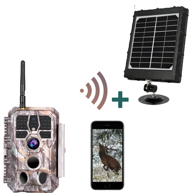 Kit di Panello Solare e WiFi Fototrappola 32MP 1296P Telecamera Infrarossi  Invisibili con Visione Notturna Massimo al 100piedi, Attivato dal Movimento