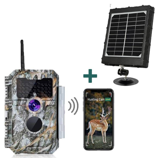 Kit di Panello Solare e Wireless Bluetooth WiFi Fotocamera da Caccia 32MP 1296P con Visione Notturna, Attivato dal Movimento 0.1s, Impermeabile IP66 | W600