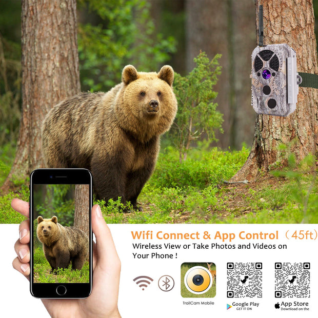 WiFi Bluetooth Fototrappola 32MP 1296P Videotrappola Infrarossi Invisibili 940NM con Visione Notturna fino 100piedi, Attivato dal Movimento 0.1s, ImpermeabileIP66 | A350W Red