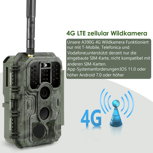 4G LTE Fototrappola 32MP 1296P 120° Rilevamento dal Movimento con Scheda SIM e Scheda SD da 32 GB, IP66 Impermeabile | A390G Green