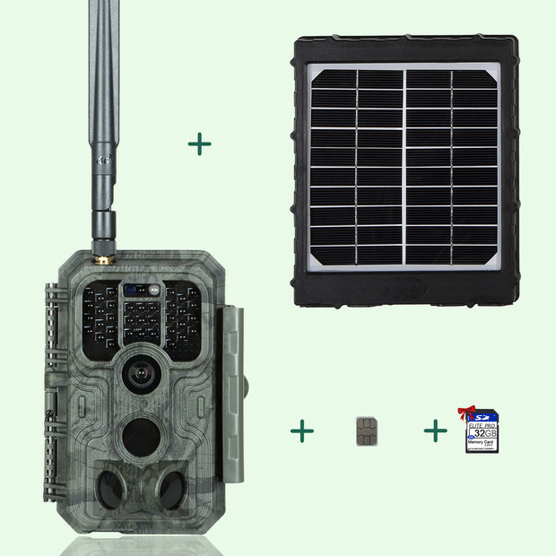 Kit di Panello Solare e 4G LTE Fototrappola 32MP 1296P con Scheda SIM e Scheda SD da 32 GB A390G Green