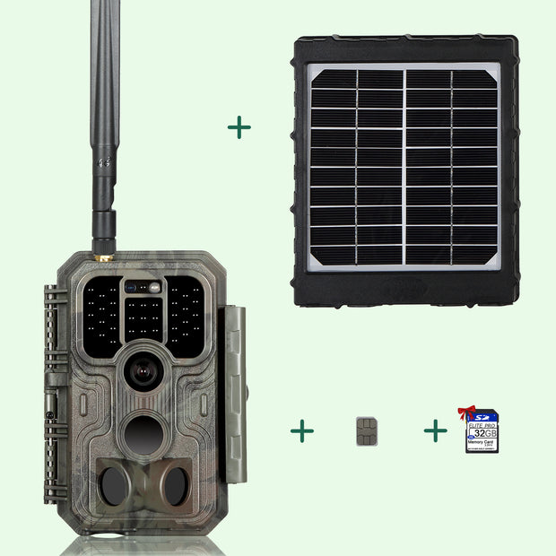Kit di Panello Solare e 4G LTE Fototrappola 32MP 1296P con Scheda SIM e Scheda SD da 32 GB | A390G Red
